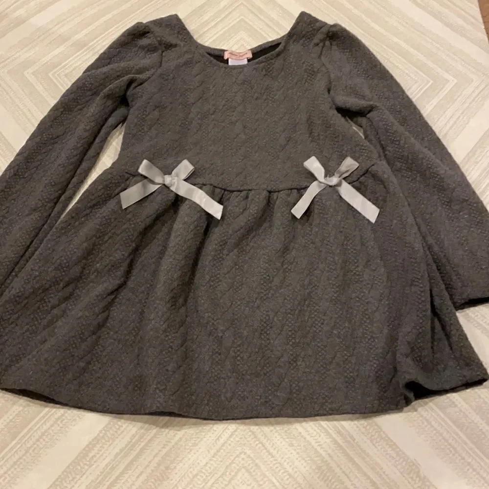 Nanette Lepore Girls Grey Textured Long Sleeve with Two Bows Dress